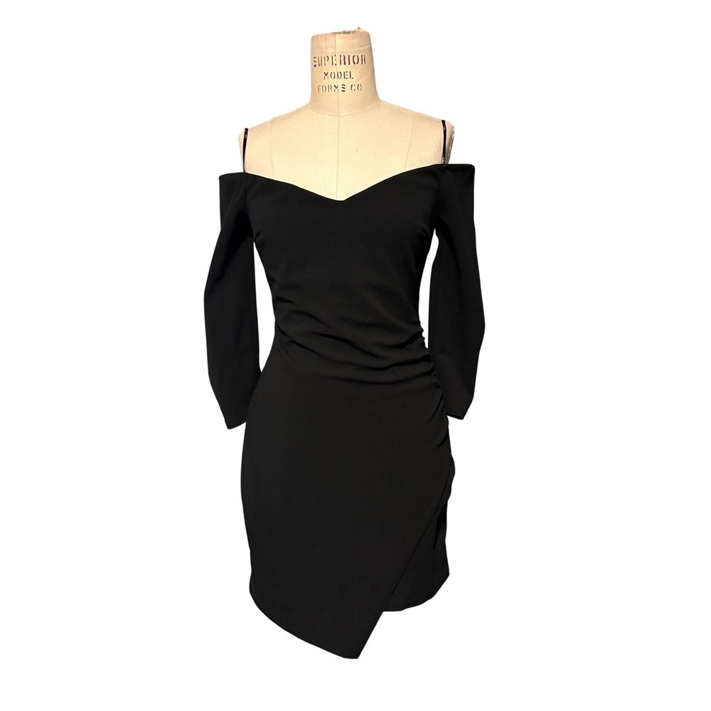 Lulus Black Off The Shoulder Ruched LBD Mini Dress Sz S Goth Going out Club